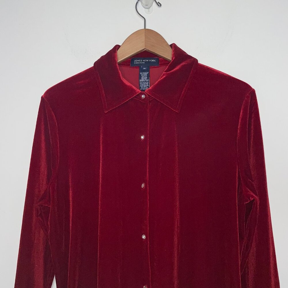 Jones New York Red Velvet Jeweled Rhinestones Buttons Shirt XL Holiday - Picture 6 of 15